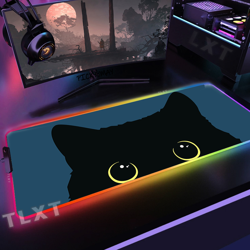 Desk Setup Blue - Grand tapis de souris RGB chat